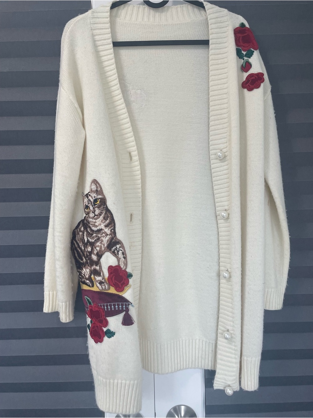 Cream Open-Front Cardigan Sweater with Cat & Rose Appliqué
